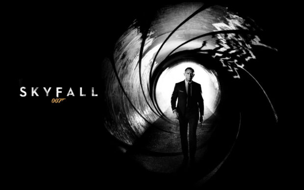 James Bond character standing inside the gun barrel from Skyfall movie