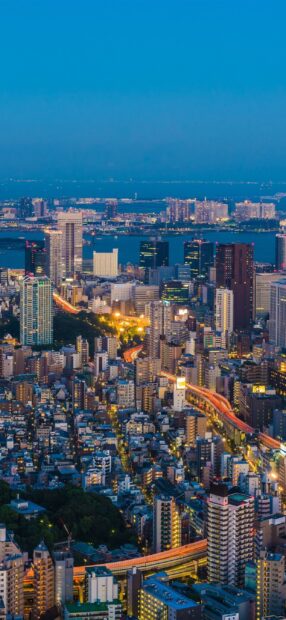 Evening view of Japan skyline with city lights and busy roads at dusk