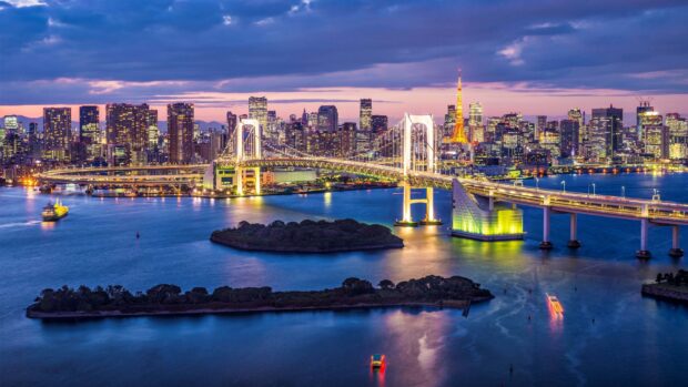 Tokyo cityscape skyline with Rainbow Bridge at sunset in Japan skyline