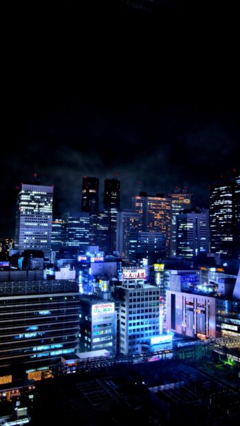 Night view of Japan skyline with bright city lights and tall buildings illuminated in blue tones