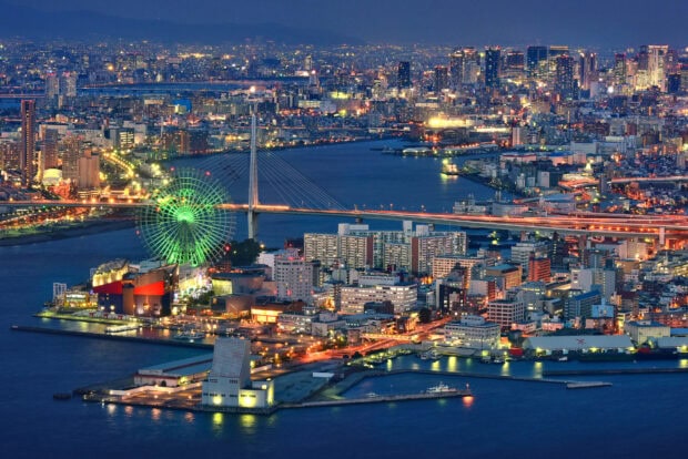 Night view of Japan skyline with illuminated buildings and a green ferris wheel