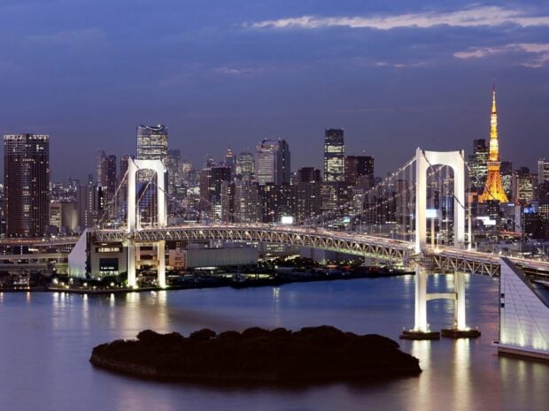 The Japan skyline featuring a lit bridge and city buildings at dusk