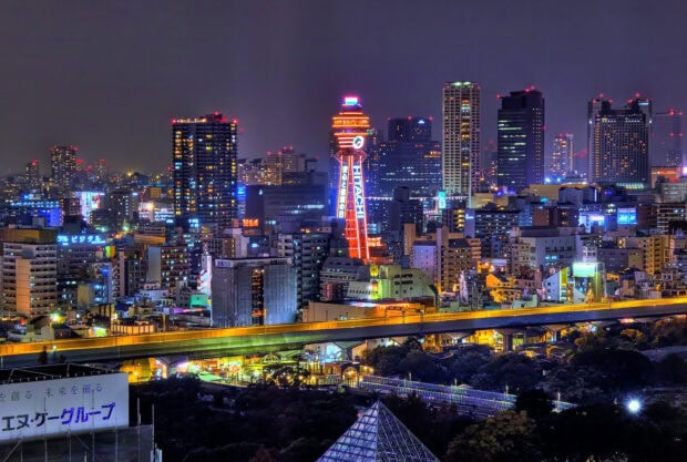 Night view of Japan skyline with illuminated buildings and city lights (1)