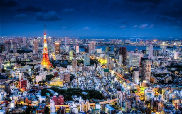 Tokyo cityscape with Japan skyline shining brightly at night