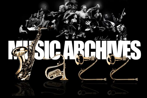 Jazz musicians and brass instruments form a creative composition with music archives text on a black background
