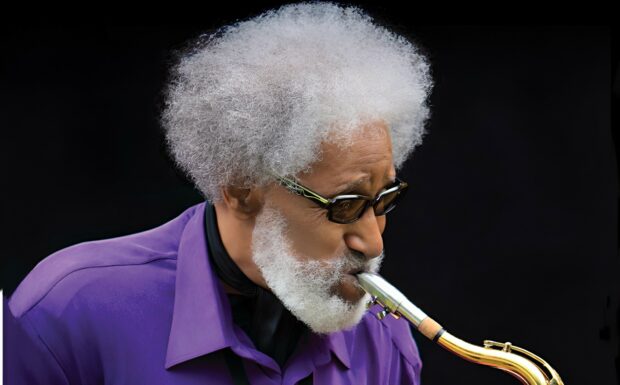 Elderly jazz musician with white hair playing saxophone in purple shirt