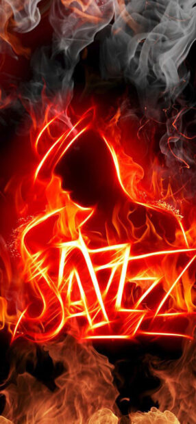 A fiery silhouette of a jazz musician playing guitar surrounded by glowing flames and smoke