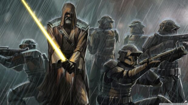 A Jedi warrior with a glowing yellow lightsaber standing in the rain with armored soldiers behind him