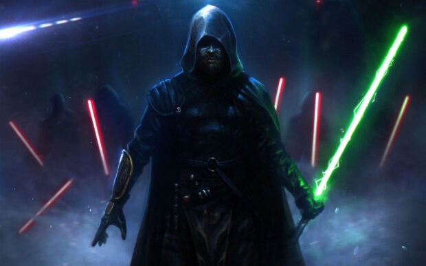 A Jedi warrior with a green lightsaber stands ready against dark enemies wielding red lightsabers