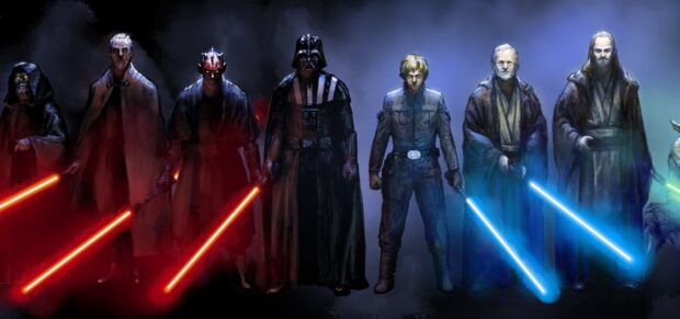 Dark side and light side characters holding lightsabers from the Jedi universe standing in a row