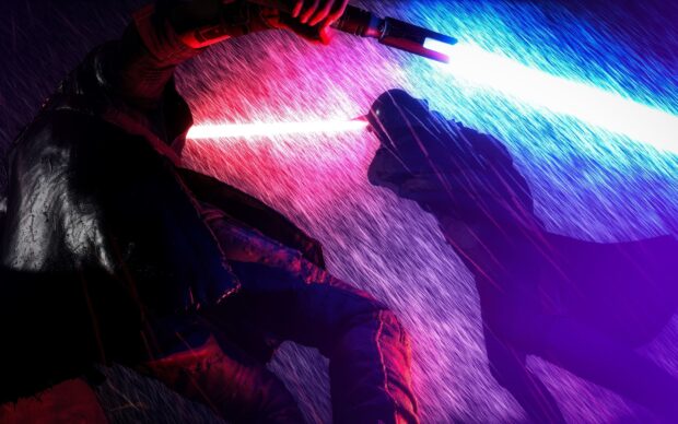Two Jedi wielding glowing lightsabers in a dramatic rain soaked duel scene