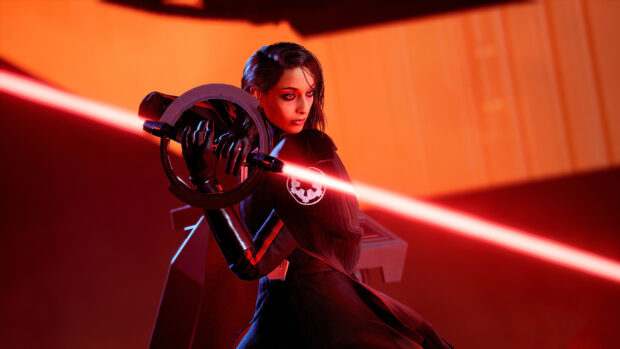 A fierce Jedi holding a unique red lightsaber ready for battle in a dark futuristic setting