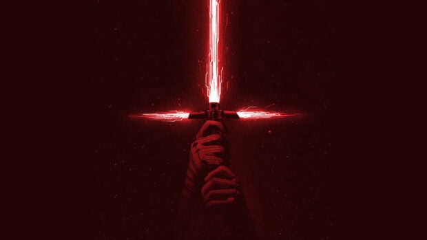A hand holding a red Jedi crossguard lightsaber in space environment
