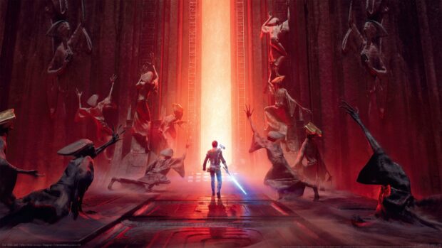A Jedi holding a lightsaber walks towards glowing red statues in a dark ancient temple hallway