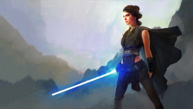 A Jedi standing with a glowing blue lightsaber in a misty mountainous landscape