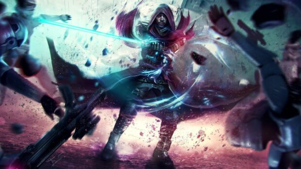 A Jedi warrior wielding a blue lightsaber in a dynamic battle scene