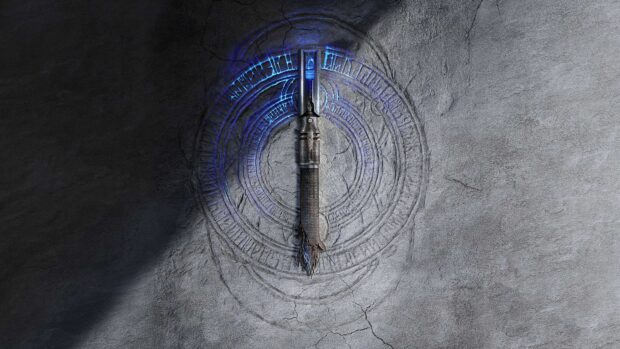 A detailed Jedi lightsaber resting on an ancient stone surface with mystical blue engravings