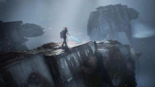 A Jedi wielding a lightsaber stands on a crashed vehicle surrounded by large walkers in a misty battlefield