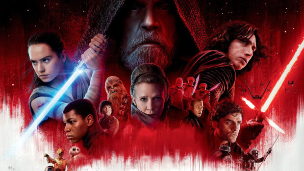 Epic Jedi characters wielding lightsabers with intense expressions in a dramatic red background