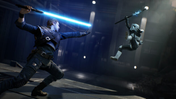 Jedi using the force to fight against a stormtrooper in a futuristic battle scene