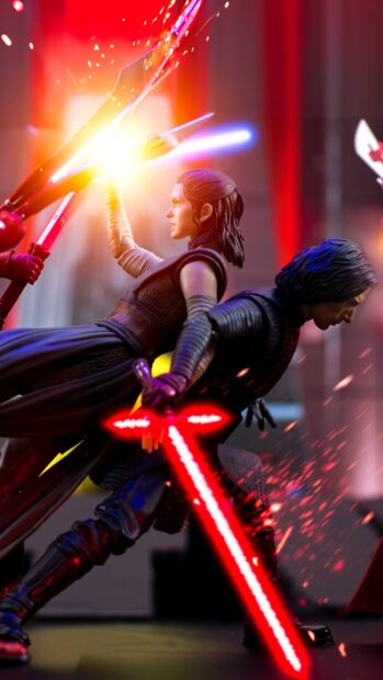 A dynamic battle scene featuring Jedi wielding glowing lightsabers in an intense action pose