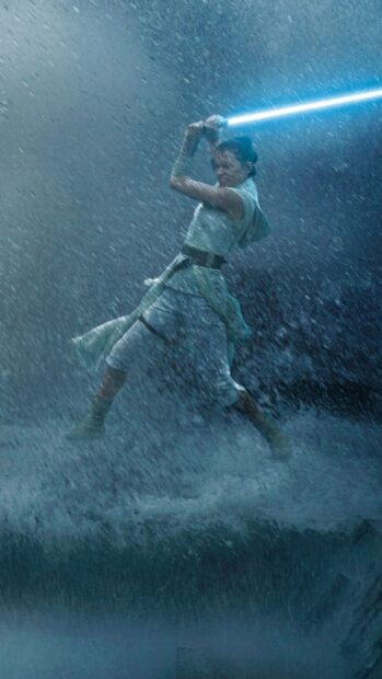 A Jedi warrior stands determined with a glowing blue blade in a powerful rainstorm scene