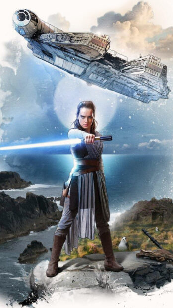 Jedi standing with a lightsaber in a coastal landscape under a spaceship