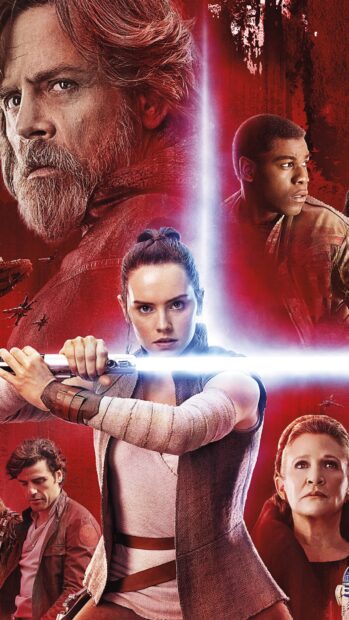 A determined Jedi wielding a glowing lightsaber surrounded by key Star Wars characters in a red backdrop