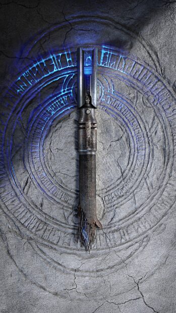 A damaged Jedi weapon with blue lightning and ancient runes on a cracked stone surface