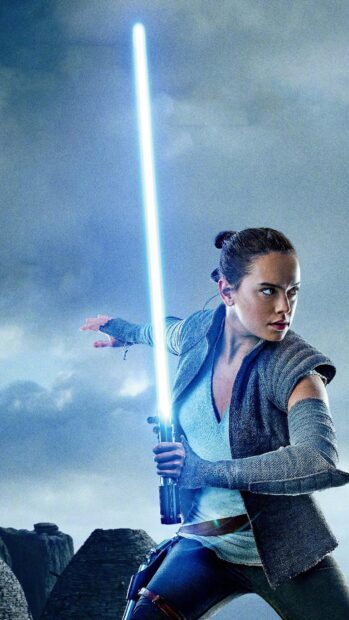 Female Jedi warrior holding a glowing blue lightsaber ready for battle on a cloudy planet