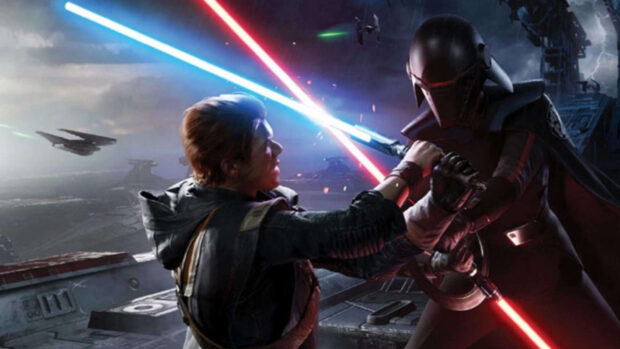 A Jedi warrior battles a dark armored opponent with blue and red lightsabers