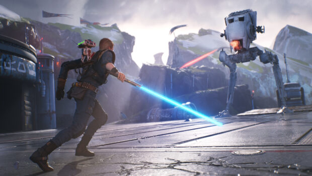 A jedi wielding a glowing blue lightsaber faces a towering battle droid on a futuristic battlefield