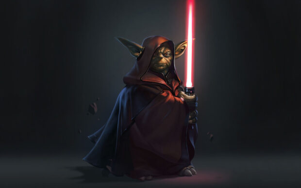 A Jedi character holding a red lightsaber in a dark robe and hood standing against a dark background