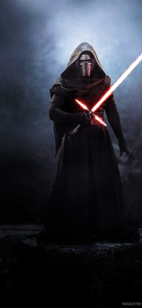Dark Jedi warrior holding a crossguard lightsaber standing on a rocky surface