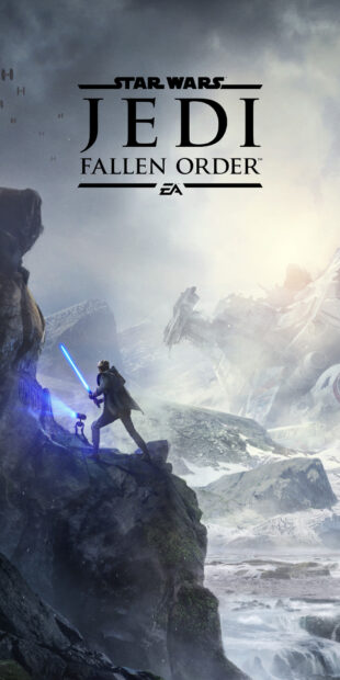A lone Jedi stands with a lightsaber on a rocky cliff in a snowy landscape