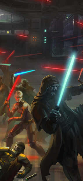 A fierce Jedi wielding a blue lightsaber engages in battle with red saber enemies in a dark setting