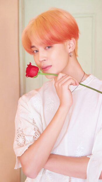 Jimin holding a red rose with orange hair in a white shirt