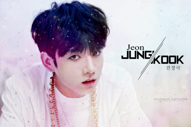 Jungkook portrait with white outfit and necklace looking directly at camera in digital art style