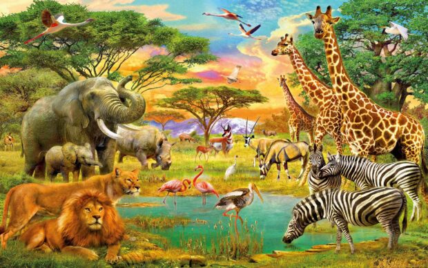 A herd of jungle animals including lions giraffes elephants and zebras near a waterhole in lush greenery