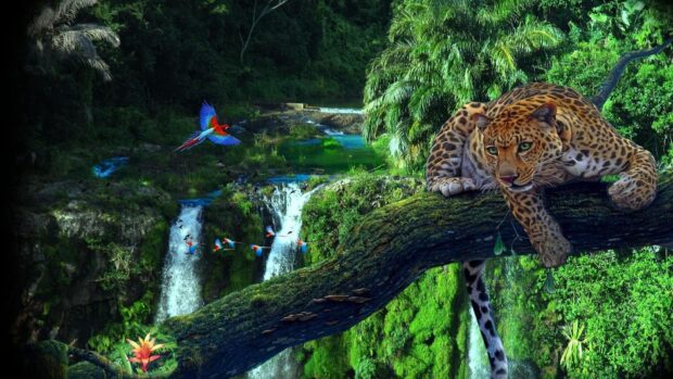 Leopard resting on a tree branch in the jungle near a waterfall with flying macaw birds