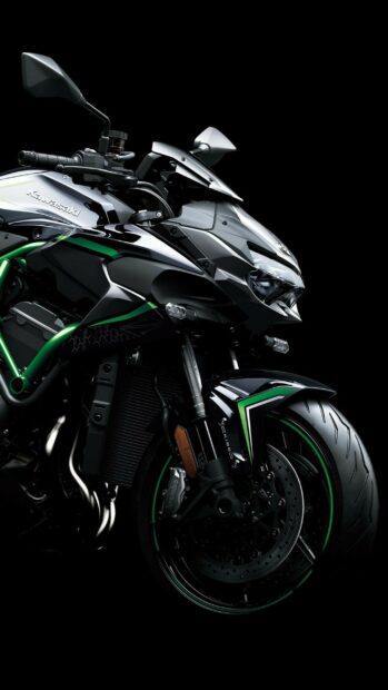 Sleek Kawasaki motorcycle front view with black and green accents and detailed design