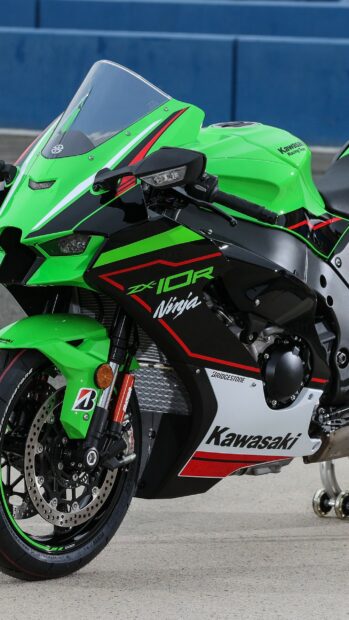 Green Kawasaki ZX10R Ninja motorcycle close up on the racing track