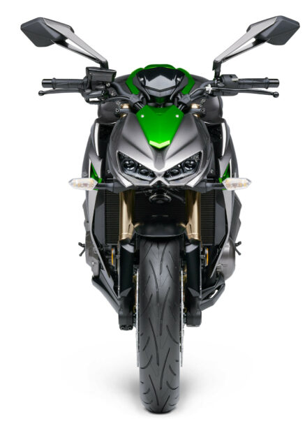 Front view of a Kawasaki motorcycle with green detailing and black bodywork