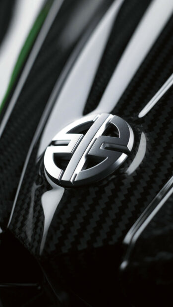 Close up of Kawasaki emblem on carbon fiber surface