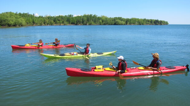 A group of people kayaking on calm lake water near a forested shoreline