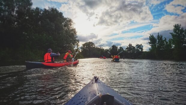 Kayaking adventure on calm river with paddlers navigating through peaceful nature scenery