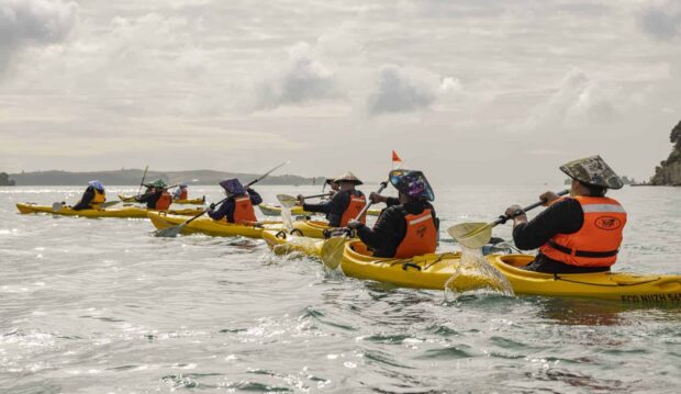 A group of people kayaking together in calm water wearing life jackets and hats
