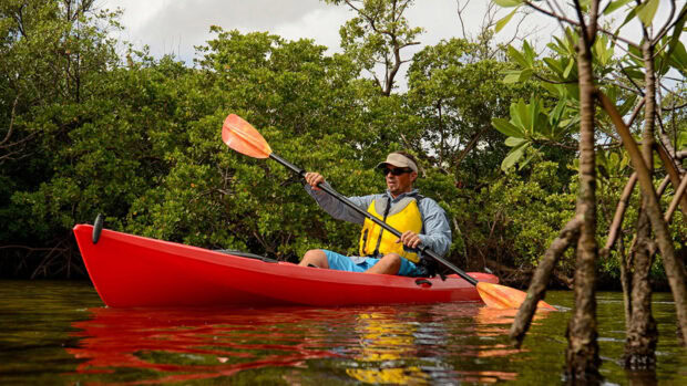 A man wearing a life jacket kayaking through dense forest waterway surrounded by mangroves