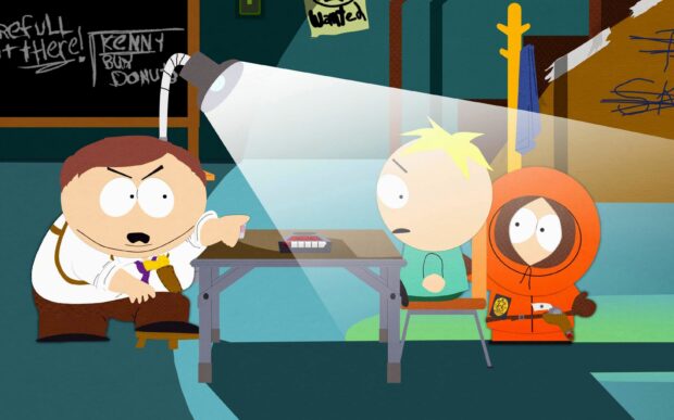 Kenny in an interrogation room with other characters from South Park