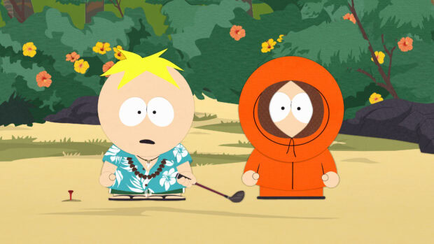 Kenny in an orange hoodie standing next to a blonde character playing golf on a sandy beach surrounded by trees and flowers